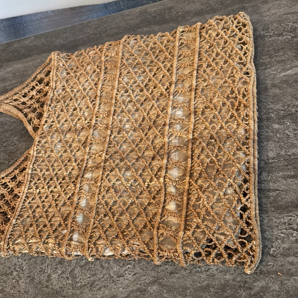 Vintage Crochet Jute Handbag Tan Cream Fabric Lining Double Handles - Picture 3 of 7